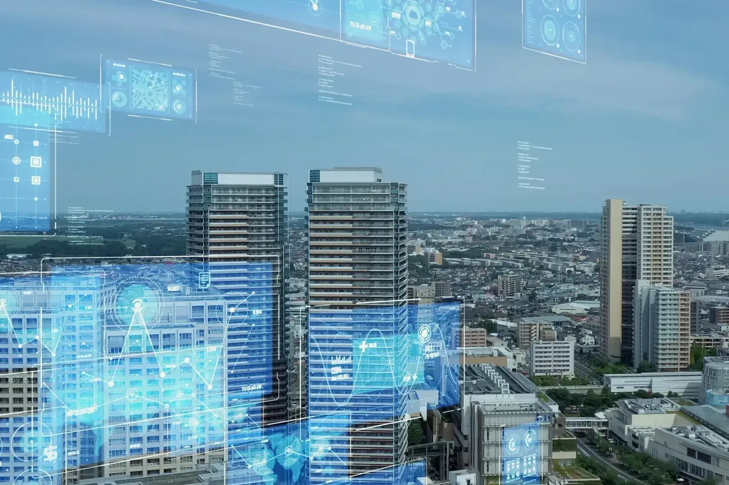 Modern city aerial view and information technology concept. Digital transformation. Communication network.